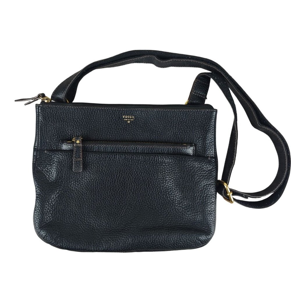 Vintage Fossil Black Pebbled Leather Crossbody Bag With Adjustable Strap